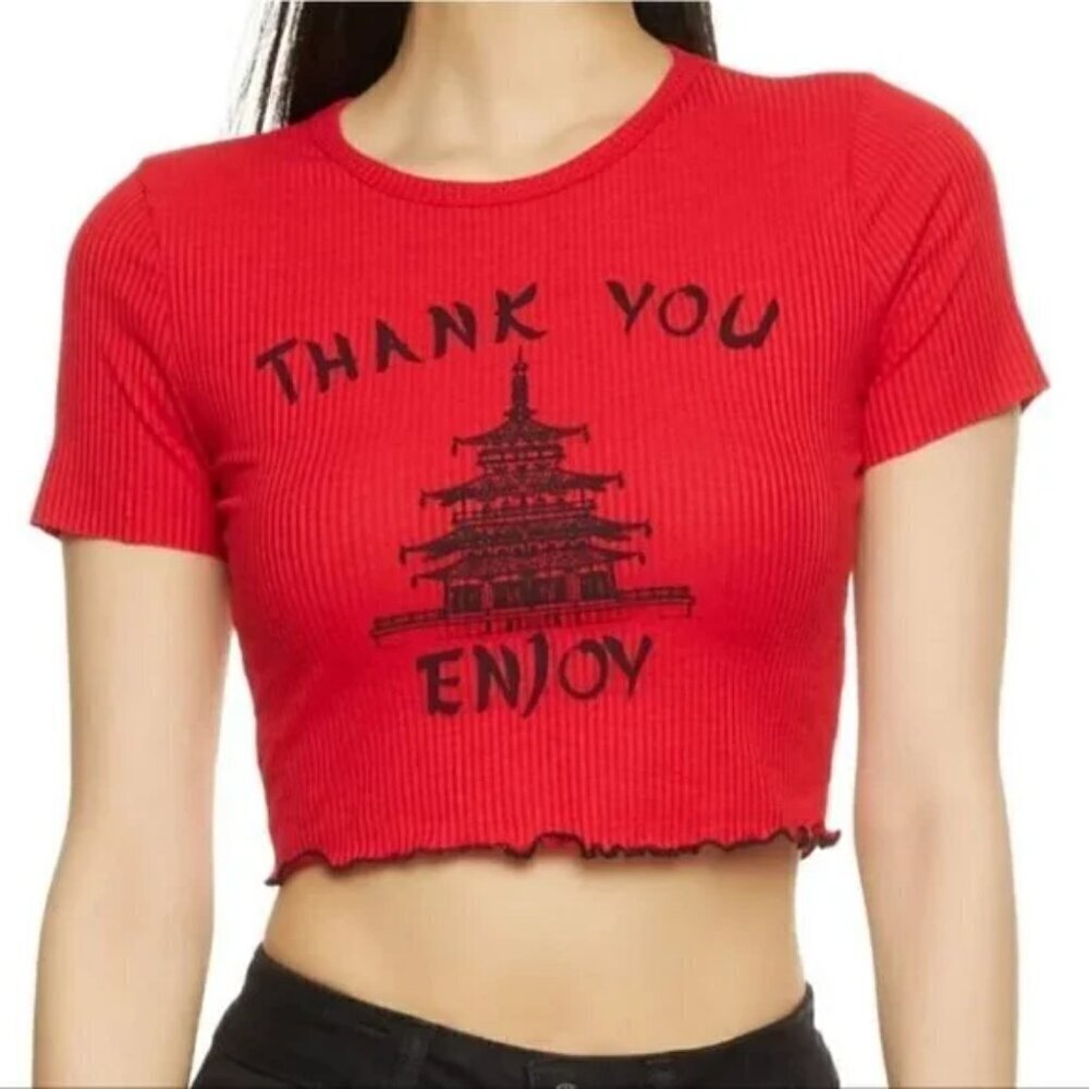 Love J Size L Red Take-Out Crop Top, Lettuce Hem, Gently Used Condition